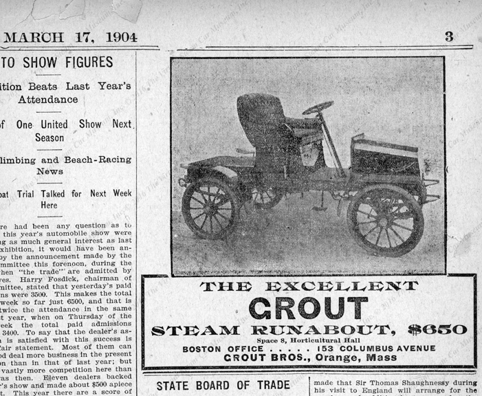 Grout Brothers Automobie Company, Boston Evening Transcript, newspaper advertisement March 17, 1904, page 3.